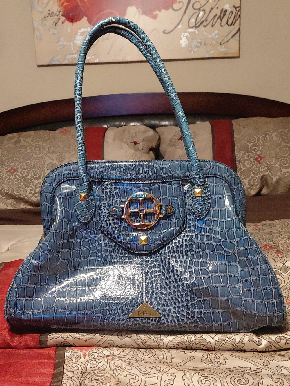 Blue Croc-Embossed Shoulder Satchel with Gold Accents